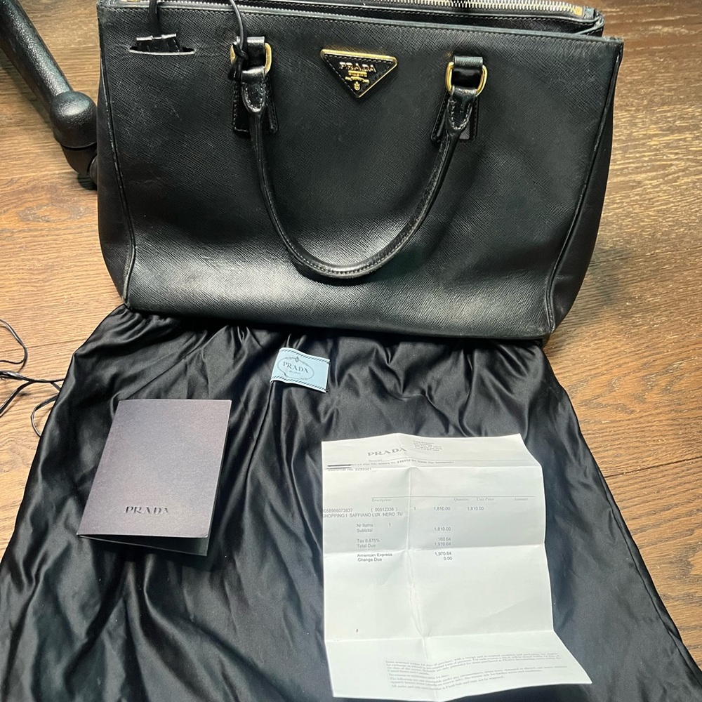 Prada Saffiano Black and Gold Crossbody Bag with Structured Design w/receipt